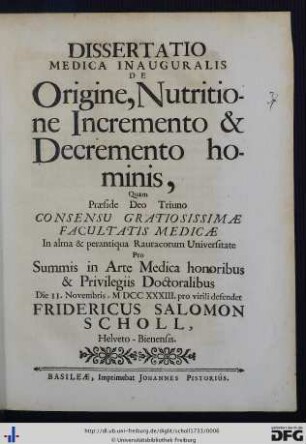 Dissertatio Medica Inauguralis De Origine, Nutritione Incremento & Decremento hominis,