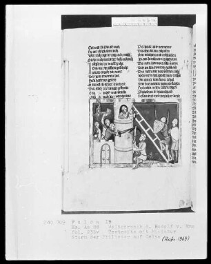 Rudolf von Ems, Weltchronik — Sturm der Philister auf Kegila, Folio 236verso