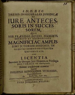 Theses Inaugurales Iuridicae De Iure Antecessoris In Successorem