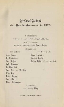 Personal-Bestand der Handelskammer in 1874.
