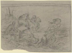 Eine Gruppe von Gestalten, eine Person in ihrer Mitte entkleidend (?), im Hintergrund auf einer Anhöhe ein Brunnen (?) (Josef und seine Brüder?)