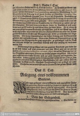 Das II. Cap. Anlegung eines vollkommenen Gartens.