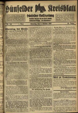 Erste Ausgabe vom Samstag, den 07. Oktober 1933.