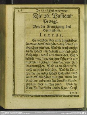 Die 26. Passions-Predigt. Von der Creutzigung des HErrn Christi