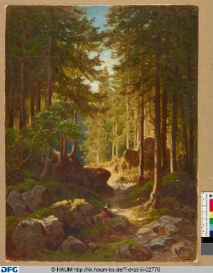 Waldweg mit sitzender Bäuerin