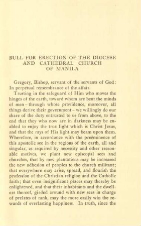 Bull for erection of the diocese and cathedral church of Manila