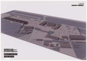 Architektonisches Ausstellungskonzept für die ILA 1998 in Schönefeld. Haupteingangsbereich Schinkelwettbewerb 1997: Perspektivische Ansicht (Vogelschau), Modellanimation