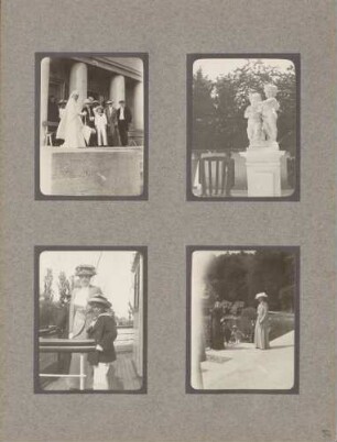 links oben: Unbekannt (Dame und Knabe) auf Boot vor der Insel Mainau rechts oben: Großherzogin Luise mit Gästen vor Schloss Mainau links unten: Großherzogin Luise und Erbgroßherzogin Hilda an der Anlegestelle der Mainau rechts unten: Putten im Garten von Schloss Mainau