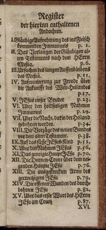 Register der hierinn enthaltenen Andachten.