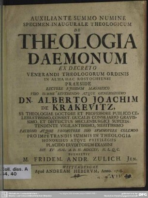 Auxiliante Summo Numine Specimen Inaugurale Theologicum De Theologia Daemonum