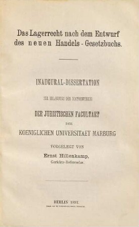 Das Lagerrecht nach dem Entwurf des neuen Handels-Gesetzbuchs