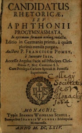 Candidatus Rhetoricae seu Aphthonii Progymnasmata