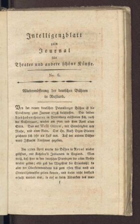 Intelligenzblatt zum Journal für Theater und andere schöne Künste