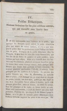 IV. Poesies Didactiques. Notices littéraires sur les plus célèbres auteurs, qui ont travaillè avec succès dans ce genre