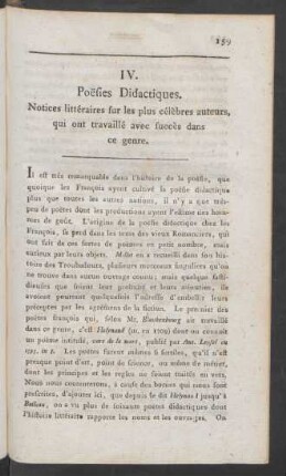IV. Poesies Didactiques. Notices littéraires sur les plus célèbres auteurs, qui ont travaillè avec succès dans ce genre
