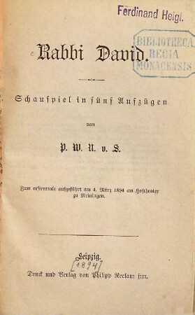 Rabbi David : Schauspiel in fünf Aufzügen von P. W. N. v. S.