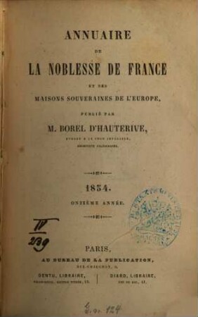 Annuaire de la noblesse de France et des maisons souveraines de l'Europe. 11. 1854