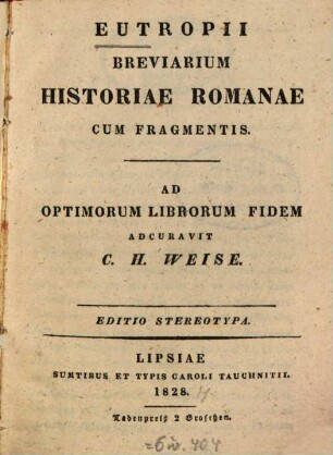 Eutropii Breviarium historiae Romanae : cum fragmentis