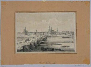 Ansicht von Dresden, Blick von der rechten Elbseite über die alte Augustusbrücke auf die Altstadt