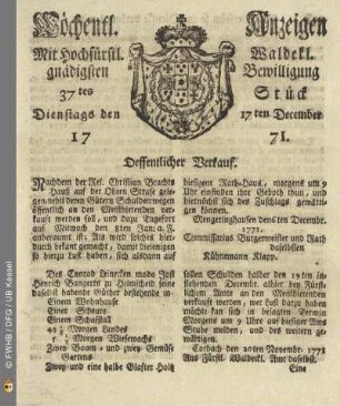 37tes Stück, Dienstags den 17ten December 1771