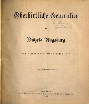 Oberhirtliche Generalien der Diözese Augsburg vom ... bis ..., 1865/76 (1876)