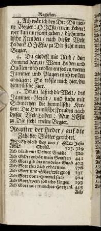 Register der Lieder/ auf die Zahl der Blätter gerichtet.
