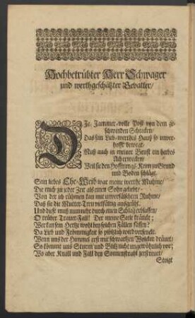 Hochbetrübter Herr Schwager und werthgeschätzter Gevatter/
