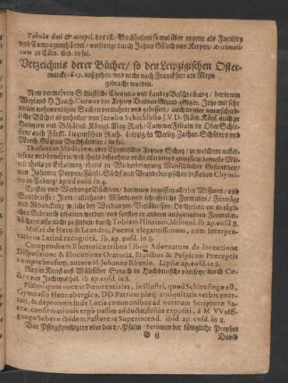 Verzeichnis derer Bücher/ so den Leipzigischen Ostermarckt 1629. außgehen/ und nicht nach Franckfurt am Meyn gebracht worden.