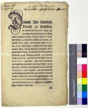 Bekanntmachung des Mandats von Friedrich August III. Kurfürst von Sachsen mit Einforderung zuverlässiger Häuserverzeichnisse für das Markgrafentum Oberlausitz