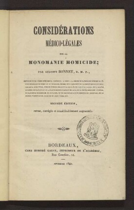 Considération médico-légales sur la monomanie homicide