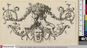 [Ornamentstich mit einem Fratzenkopf und zwei Putti, die einen Blumenkorb halten]
