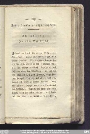 Uber Freude und Sittlichkeit. An Theone. (Am 1sten May 1799.)