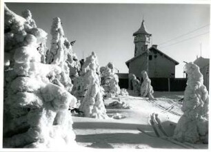 Klínovec, (deutsch: Keilberg), Blick durch Bäume zum Keilbergturm und zum Gästehaus auf dem Gipfel mit starkem Anraum