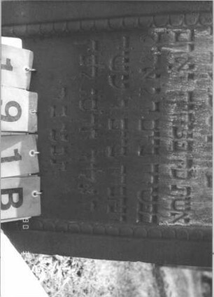 Grabstein 191 (Index: 99608876) Material: Sandstein Zustand: stärker verwittert Maße HxBxT: 116x56x19 cm Beschreibung: Stele, profilierter Sockel, eingezogener Rundbogenabschluß mit floralem Aufsatz, Schriftfeld eingetieft mit floralem Aufsatz, Schriftfeld eingetieft mit eingezogenem Rundbogenabschluß: Grabstein 191B