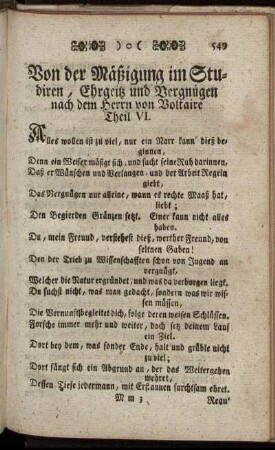 Von der Mäßigung im Studiren, Ehrgeiz und Vergnügen nach dem Herrrn von Voltaire. Theil VI.