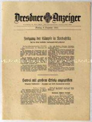 Nachrichtenblatt "Dresdner Anzeiger" u.a. zu Kämpfen auf der Krim und zum Angriff Japans auf Hawaii