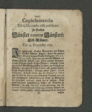 Copia Sententiae Die 13. Decembr. 1686. publicatae In Sachen Münster contra Münsterl. Erb-Männer