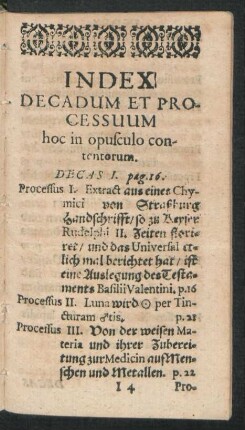 Index Decadum Et Processuum hoc in opusculo contentorum.