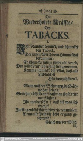 Die Wiederholete Kräffte, Des Tabacks
