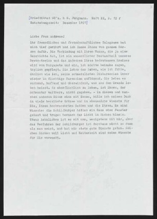 Brief von Gerhart Hauptmann an Edith Andreae