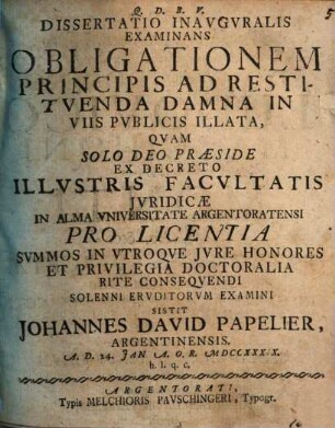 Diss. inaug. examinans obligationem principis ad restituenda damna in viis publicis illata
