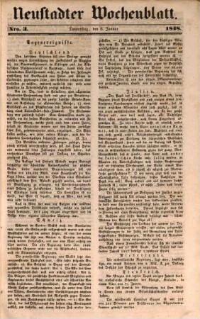 Neustadter Wochenblatt : Organ zur volksthümlichen Besprechung der Tages-Ereignisse, zur Unterhaltung, sowie zur Veröffentlichung von Anzeigen etc.. 1848