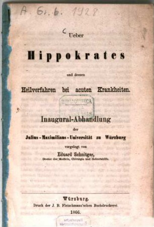 Ueber Hippokrates und dessen Heilverfahren bei acuten Krankheiten