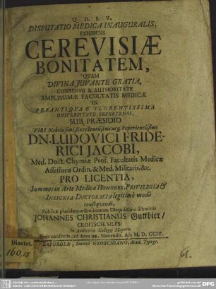 Disputatio Medica Inauguralis, Exhibens Cerevisiae Bonitatem