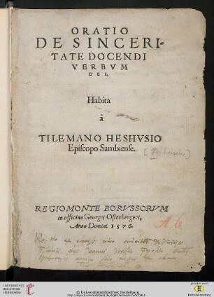 Oratio De Sinceritate Docendi Verbvm Dei