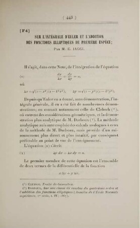 [F4] Sur l'intégrale d'Euler et l'addition des fonctions elliptiques de premieère espèce.
