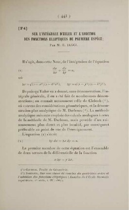 [F4] Sur l'intégrale d'Euler et l'addition des fonctions elliptiques de premieère espèce.