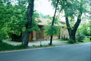 Hauptstraße mit Bäumen, im Hintergrund ein Backsteinhaus