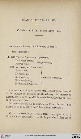 Séance du 1er mars 1895: présidence de S. E. Yacoub Artin Pacha
