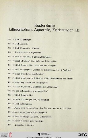 Kupferstiche, Lithographien, Aquarelle, Zeichnungen (Nr. 312-361)